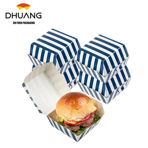 Mini Burger Box Food Container with Hinged Lid - Blue and White Striped Paper Takeout Burger Box