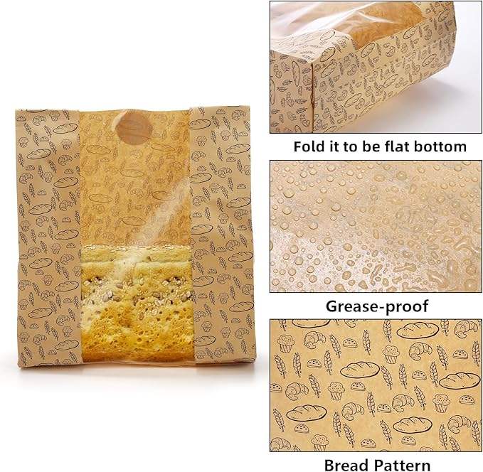 Craft Paper Bread Bags Clear Window 100 Stickers for Brown Toast Cookie Packaging Sourdough Bread Friendly Custom Bread Bags