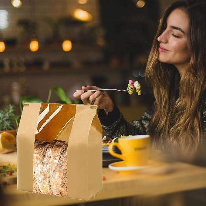 Window Dough Cowhide Bread Bags Tin Tag Lock for Baked Goods Packaging Storage Custom Bread Bags