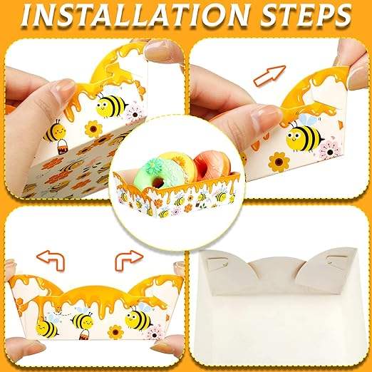 Packs Bee Party Supplies Set Birthday Decoration Disposable Paper Food Tray Paper Food Boat Carnival, Fair, Festival