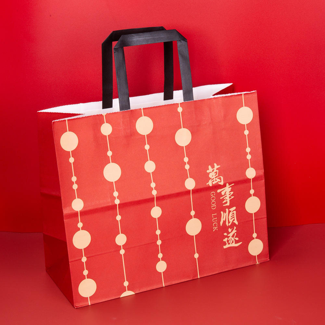 New Year Red Kraft Paper Bag Full Moon Design Festive Wedding Housewarming Birthday Gift Thick Woven Rope Offset Printing