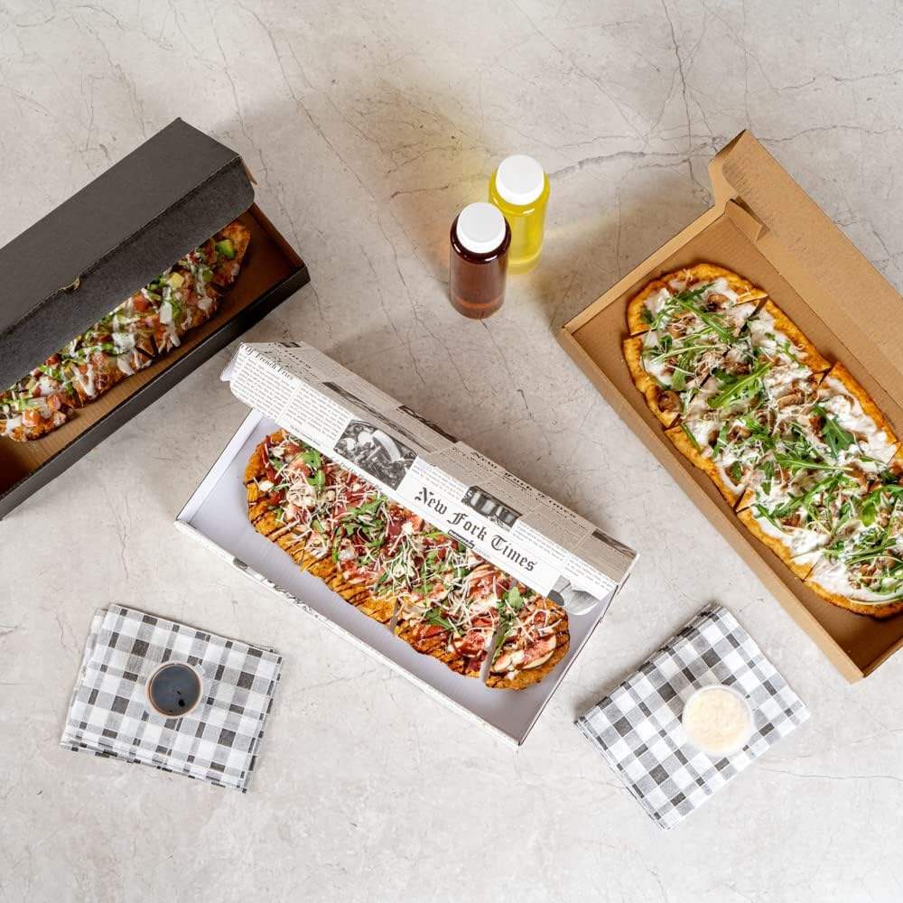 Flatbread Takeaway Box Sturdy Disposable Corrugated Pizza Box - Label Lock System Newsprint and White Paper Custom Pizza Boxs