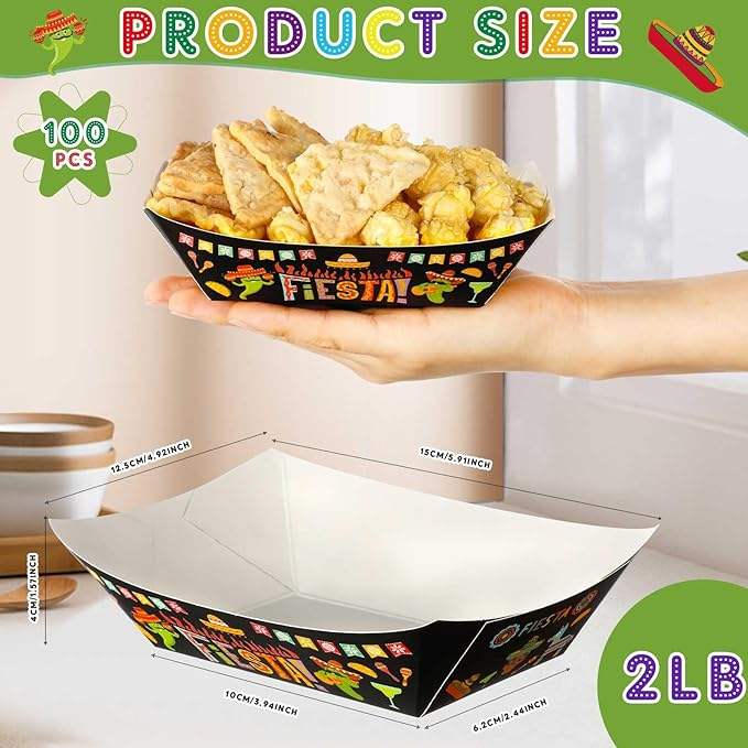 Paper Food Trays 2 lb Nachos Disposable Trays Mexican Theme Decorated Popcorn Tacos (Classic)