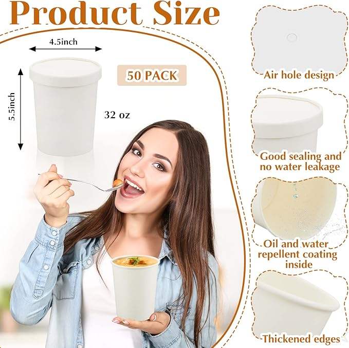 32 oz Paper Soup Container with Lid Disposable Cowhide Soup Food Bowl Microwave Food Storage Ice Cream Container (White)