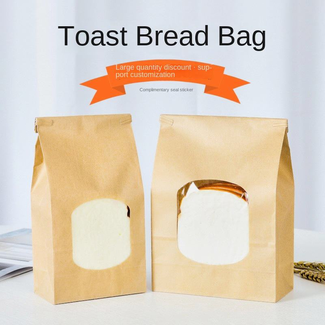 Classic Stock Window Kraft Paper Bag Toast Bread Tea Snacks Transparent Packaging Custom Bread Bags