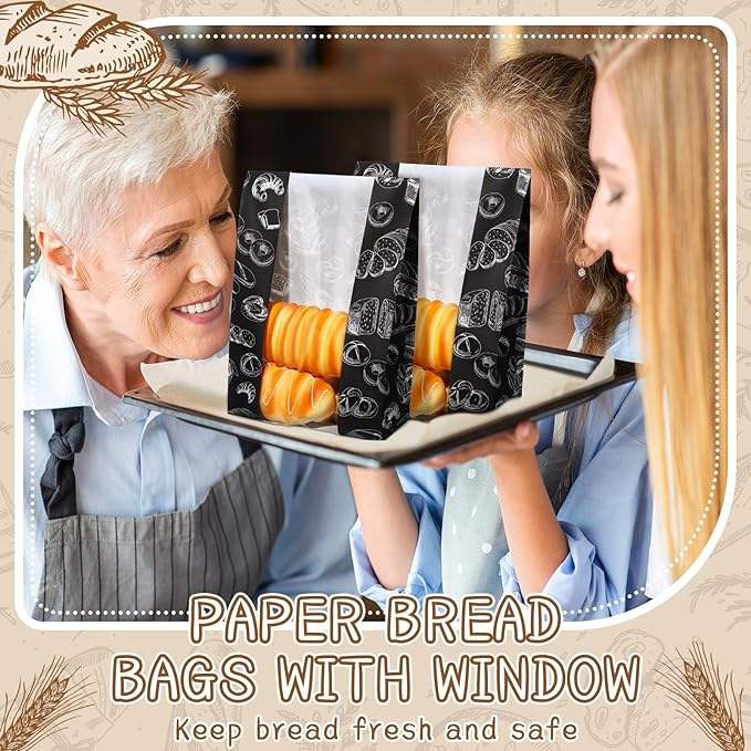 Black Sourdough Bread Bag with Window and Label Seal Sticker for Food Storage and Display Packaged Paper Bags CUSTOM Bread Bags