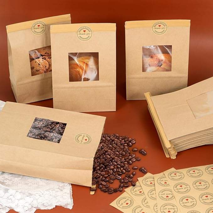 Customized Paper Bread Bags with windows Featuring Free Stickers for Food Storage Suitable for Bakeries Custom Bread Bags