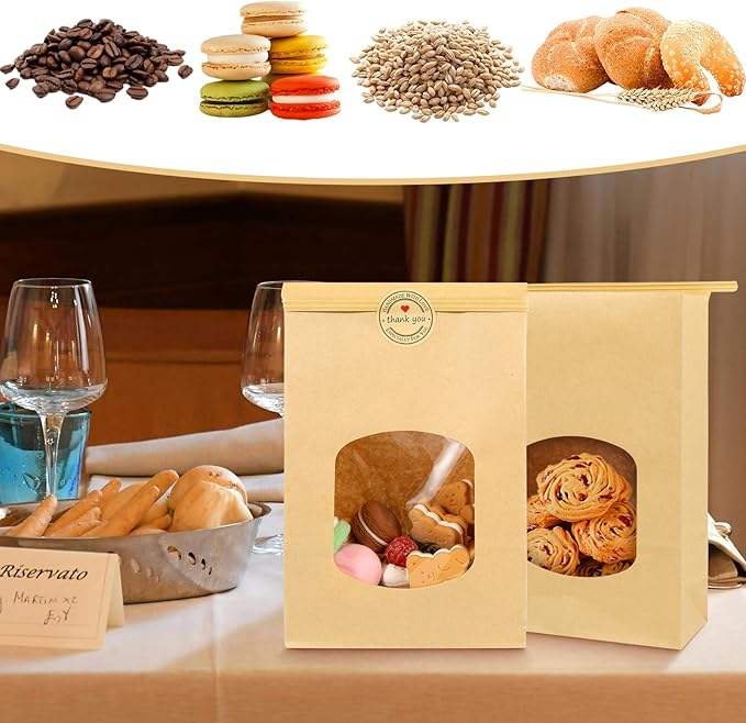 Brown Leather Food Paper Bags for Packaging Cakes and Cookies with Heat-sealed Openings and Label CUSTOM Bread Bags
