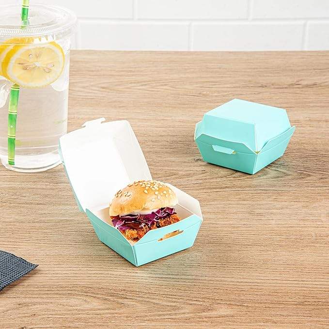 Mini Hamburger Box Disposable Turquoise Paper Takeout Box with Hinged Lid Food Box