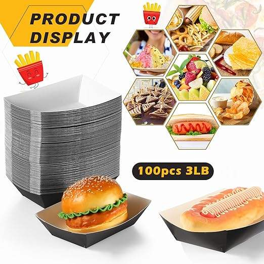 3-pound Paper Food Trays Disposable Nachos Burritos Licensed Christmas Party Supplies Kraft Paper Boat (black)