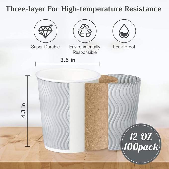 Disposable Insulated Corrugated Coffee Cups with LIDS and Straws for Tea Hot Chocolate and Beverages Coffee Cup