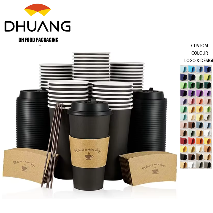 Disposable Black Paper Coffee Mug Hot Coffee Chocolate Drink Lid Stir Stick Coffee Cup