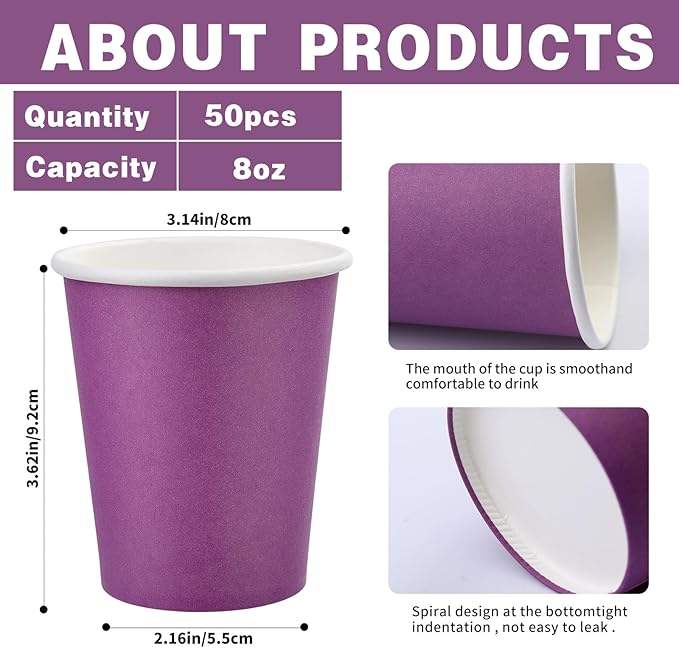 8 oz Purple Party Paper Cups Disposable Coffee Cups Hot and Cold Drinks Parties Picnics Trips Coffee Cup