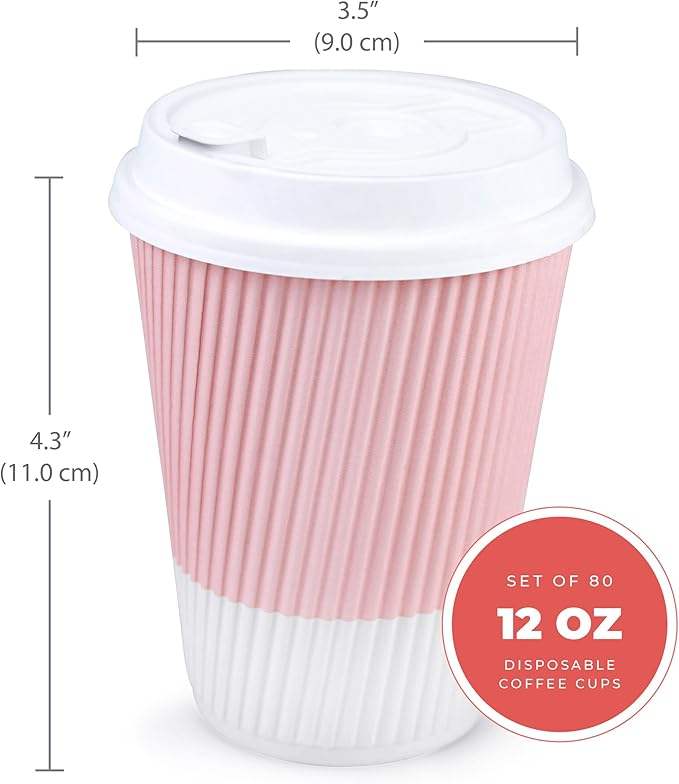 80 Sets of 12 oz Disposable Coffee Cups with LIDS Resealable LIDS Prevent Leaks Travel Insulated Hot Drink Cups