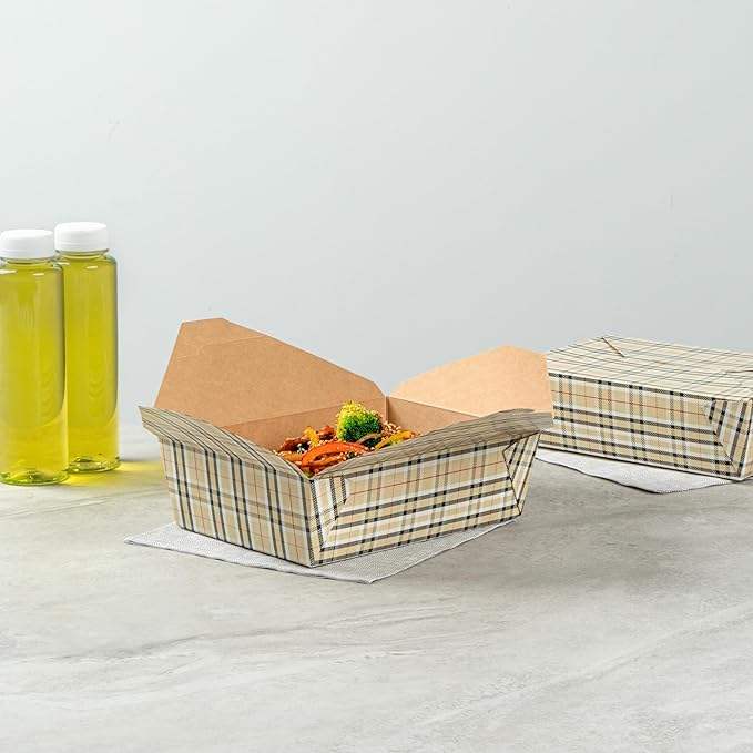Food Container Durable Takeout Box Disposable Plaid Paper Rectangular for Takeout or Picnic Food Box