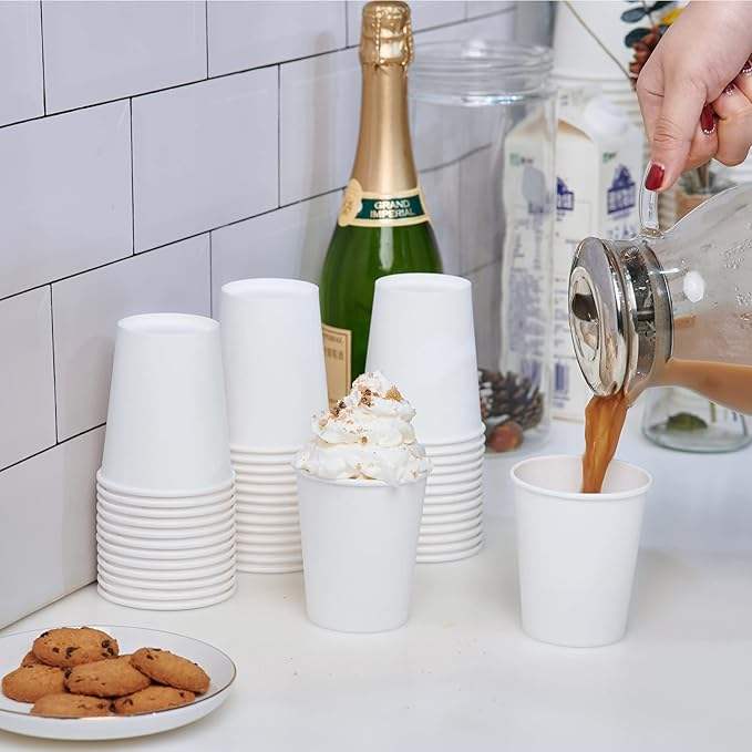 8 oz Disposable White Paper Coffee Cups Hot/Cold Beverage Drinking Cups for Parties Picnics Travel Events