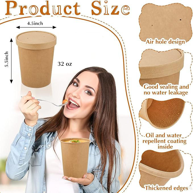 Paper Soup Container with Lid Disposable Kraft Paper Food Cup Ice Cream Cup Paper Food Storage with Lid