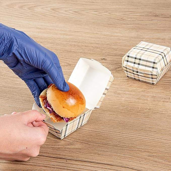 Disposable Plaid Paper Hamburger Box with Hinged Lid Kraft Cardboard Takeout Container for Mini Burgers or Desserts Food Box