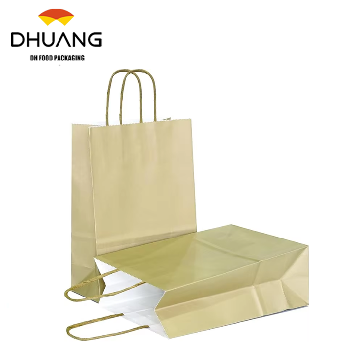 Bronzing Gold Logo Gift Bags Small Kraft Paper Matte Gold Finish Handles Recycled Materials Offset Printed Surface for Craft Use