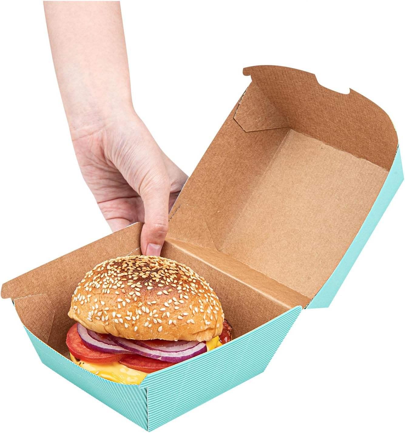 Restaurantware Disposable Turquoise Paper Hamburger Boxes Matte Finish Ripple Wall Technology Hinged Lid for Takeout Containers