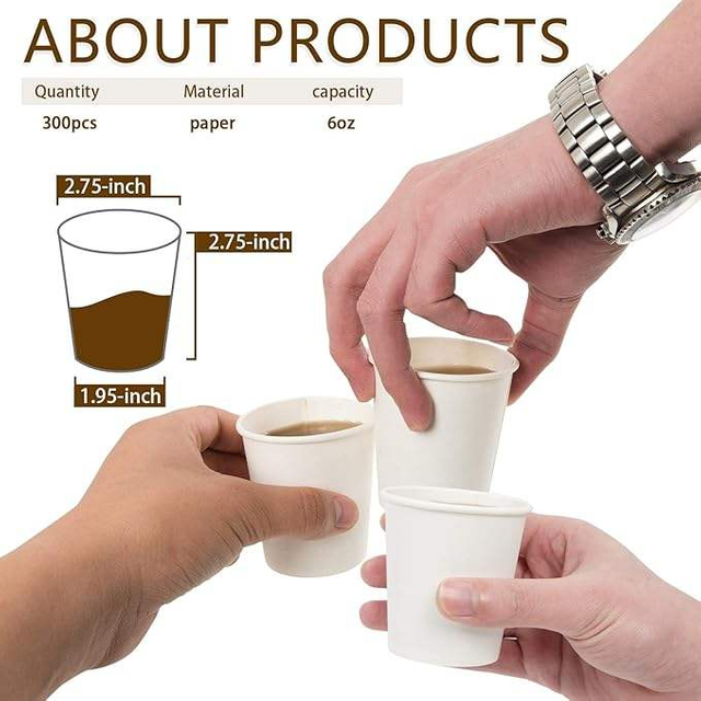 300 Pcs 6 oz Disposable Paper Cups, Hot Cold Beverage Drinking Cup for Coffee, Water, Tea, Juice (White)