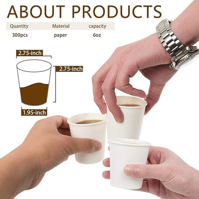 300 Pcs 6 oz Disposable Paper Cups, Hot Cold Beverage Drinking Cup for Coffee, Water, Tea, Juice (White)