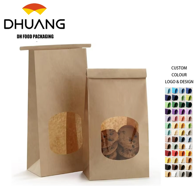 Kraft Paper Bag Clear Window Tin Label Lock for Storing Cookies Rustic Brown Sturdy Moisture-Air Protected Custom Bread Bags