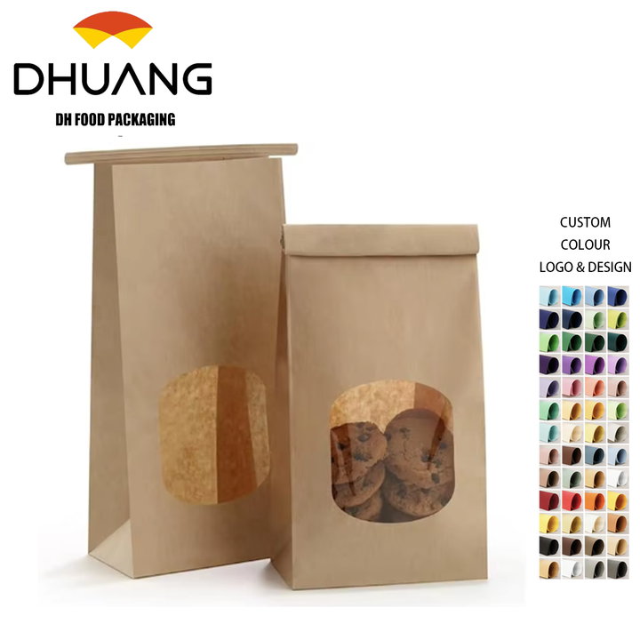 Kraft Paper Bag Clear Window Tin Label Lock for Storing Cookies Rustic Brown Sturdy Moisture-Air Protected Custom Bread Bags