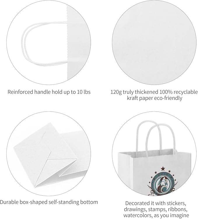 Gift Bags White Kraft Paper Bags Handle Bulk Take-out Grocery Retail Shopping Businesses and Parties
