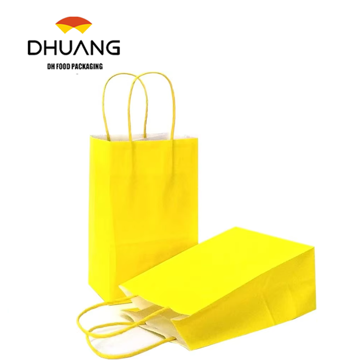 Customizable Large Kraft Paper Bags with Handles Yellow for Food Clothing Packaging and Promotion Custom Logo Shopping Bag