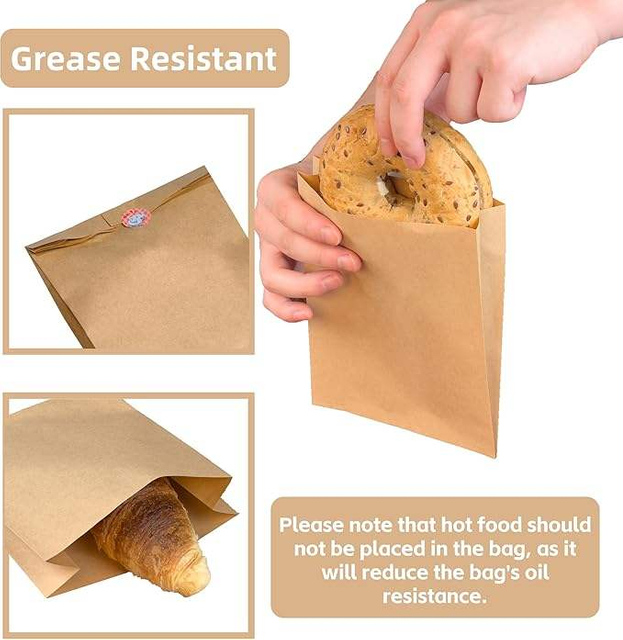 Greaseproof Brown Paper Bag with Sticker for Sandwiches Bakery Snacks Desserts Takeout Durable Packaging Paper Custom Bread Baga