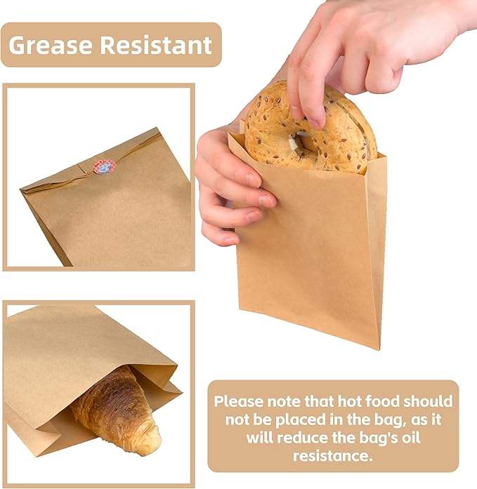 Greaseproof Brown Paper Bag with Sticker for Sandwiches Bakery Snacks Desserts Takeout Durable Packaging Paper Custom Bread Baga
