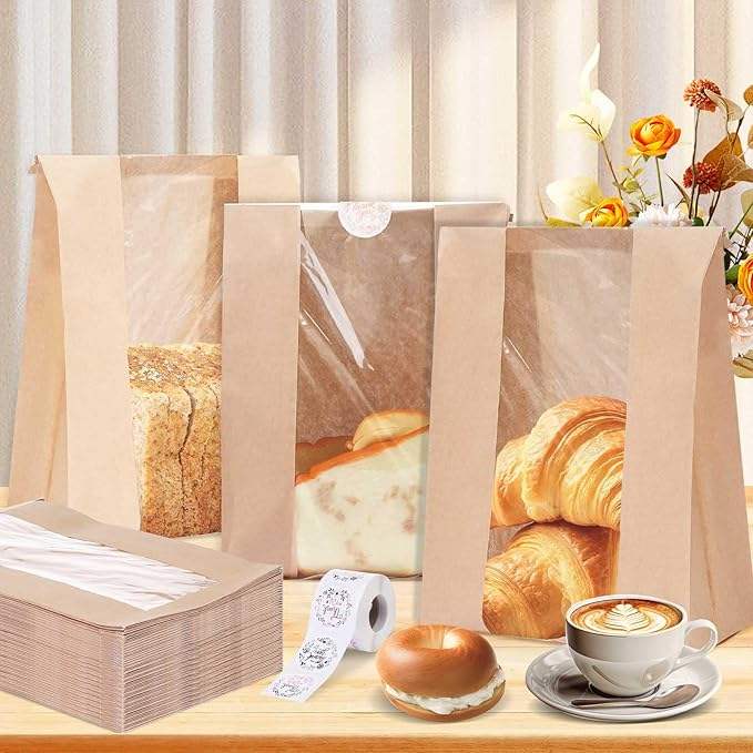 Windowed Kraft Paper Bread Bags With Tin Labels for Bread Sourdough for Baked Goods Custom Bread Bags