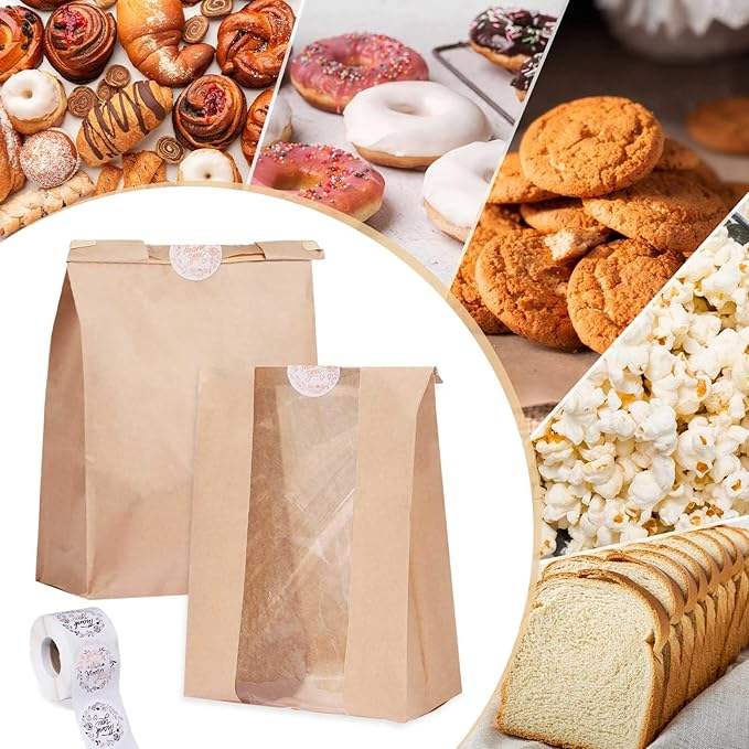 Windowed Kraft Paper Bread Bags With Tin Labels for Bread Sourdough for Baked Goods Custom Bread Bags