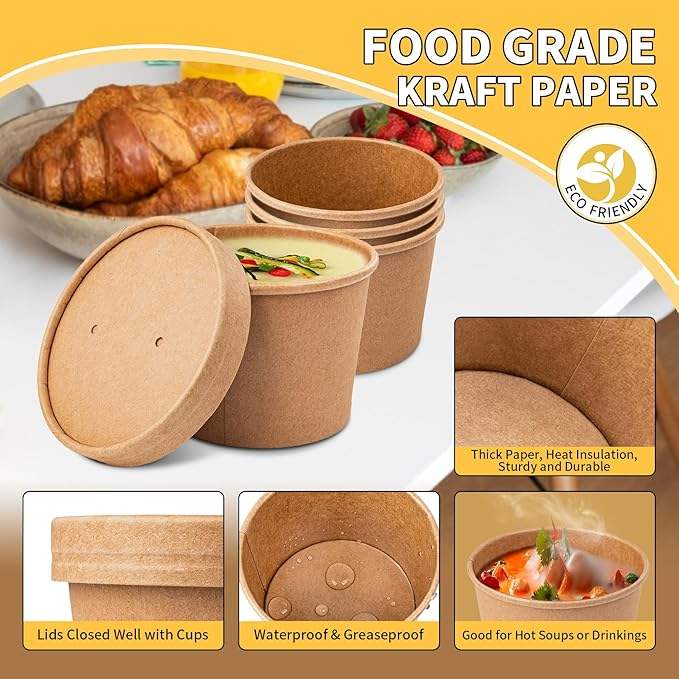 Wholesale Customized Disposable Paper Soup Boxes with Lids, Cowhide Paper Food Cups, and Paper Food Storage Boxes Food Box