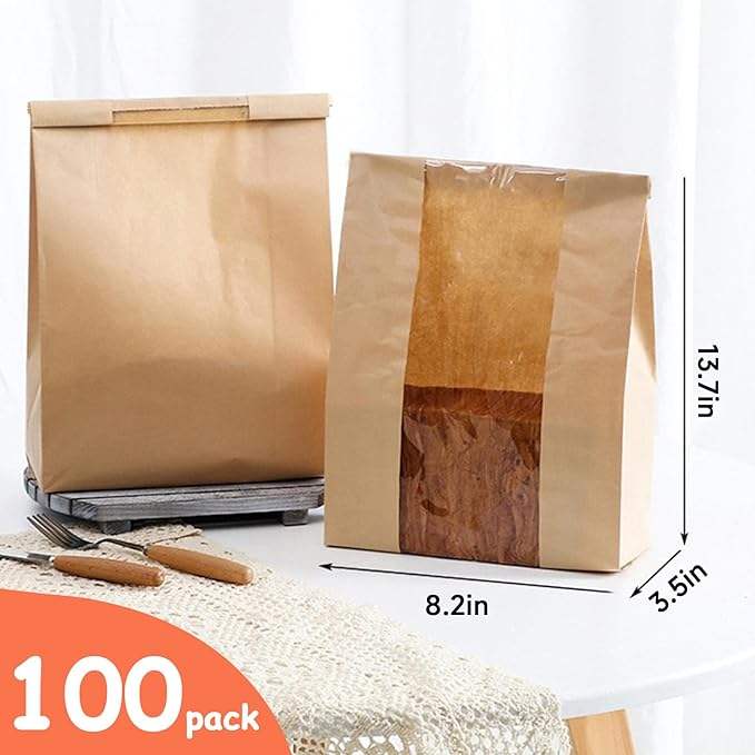 Window Paper Bags Homemade Bread Bags Kraft Paper Baked Goods Packaging Storage Custom Bread Bags