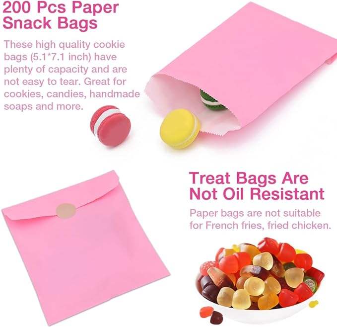 Flat Pink Paper Bag for Snacks and Desserts for Baking Cookies and Chocolate Eco-Friendly Packaging Oil-proof Paper Bag