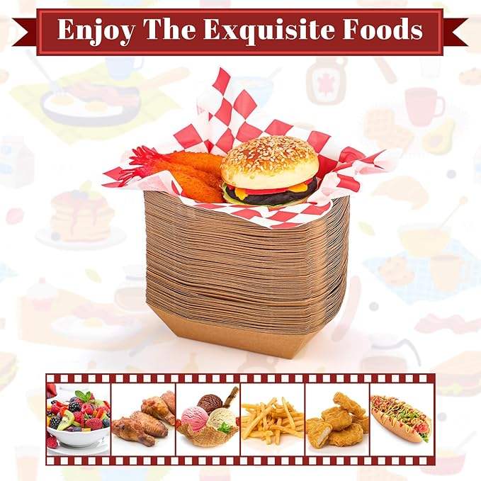 Disposable Kraft Paper Food Trays and Greaseproof Deli Liners 2 LBS Coated Cardboard Food Boat Waxed Paper Food Trays