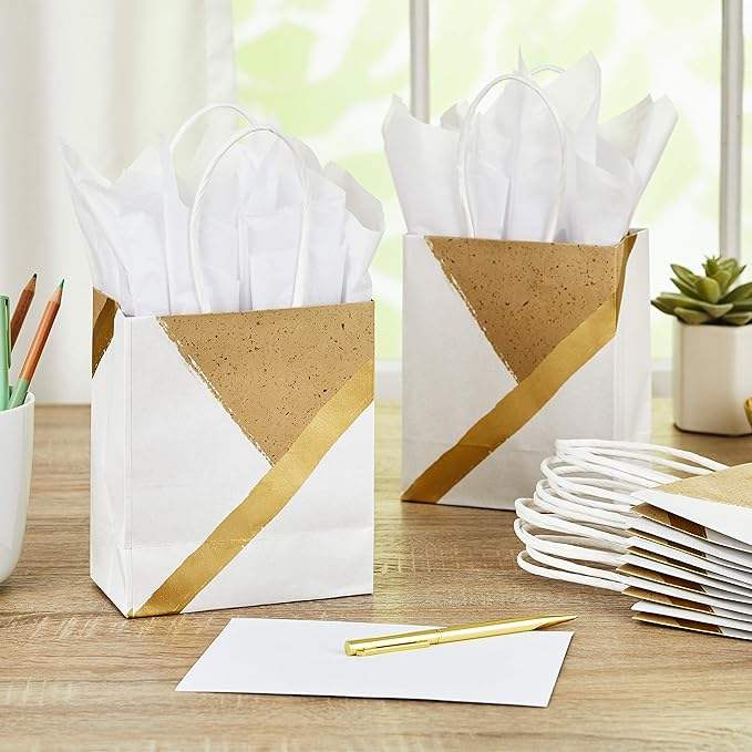 White Gold Foil Paper Gift Bags with Handles Party Favor Birthday Wedding Christmas and New Year Gift Wrapping