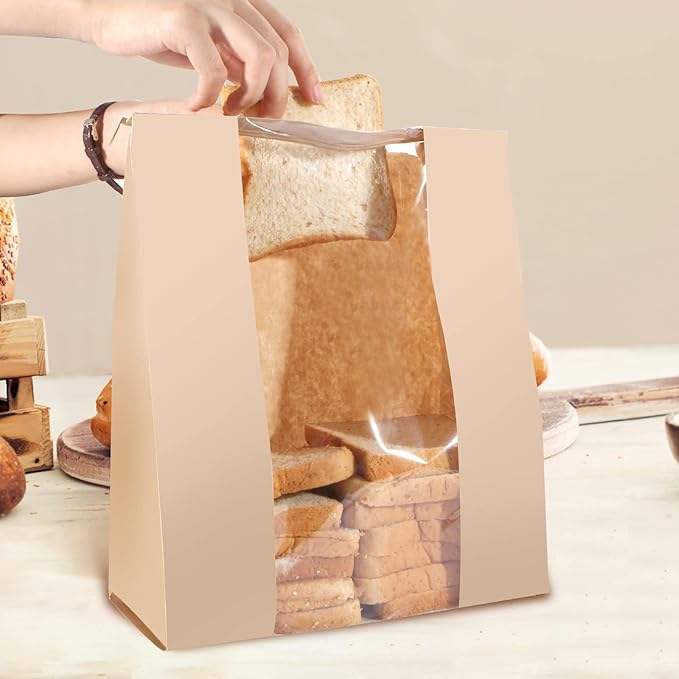 Brown Paper Bread Bags with Windows Customizable Patterns Labels and Seals for Packaging and Storage of Baked Custom Bread Bag