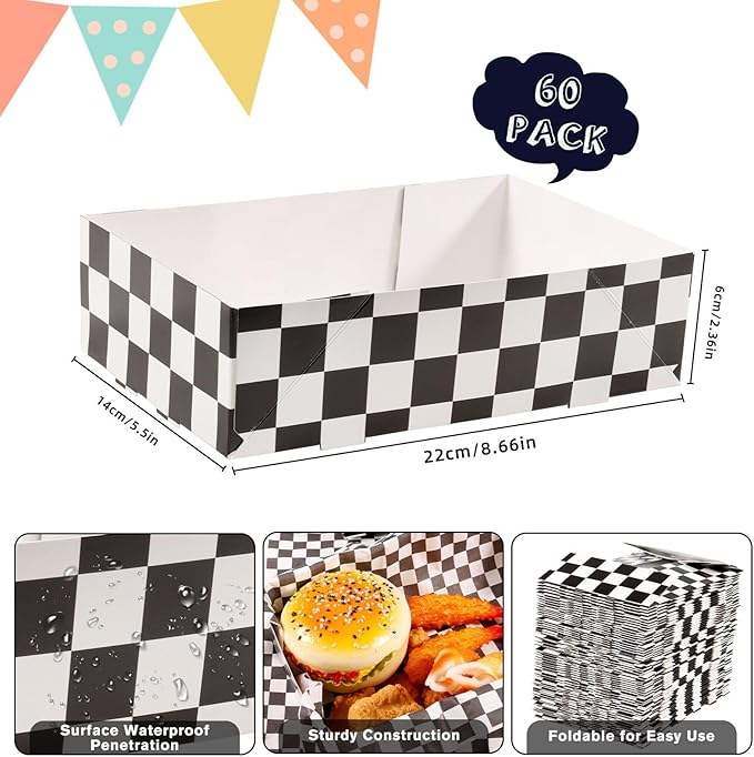 4-pound Racing Party Large Paper Food Trays, Disposable Black and White Checked Paper 4-corner Pop-up Trays