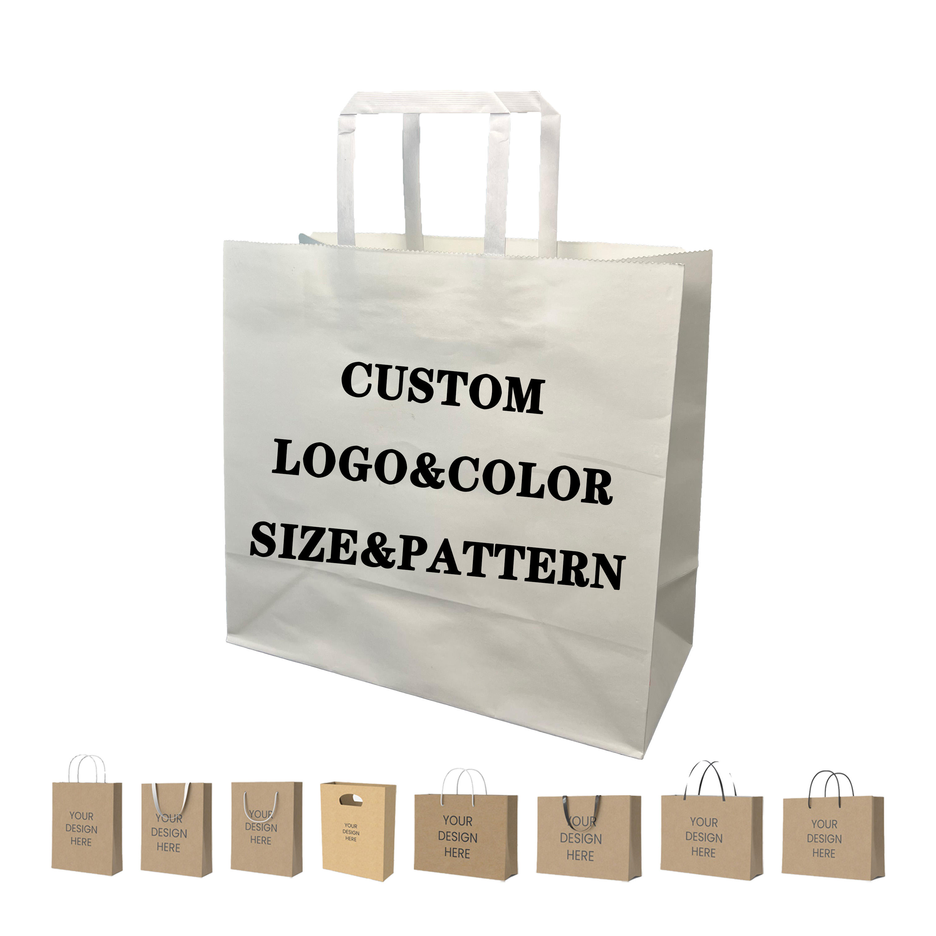 Wholesale Kraft Paper Bags with Flat Rope Custom logo Recycled Paper Bags to Take Away Flat Hand Food Retail Shopping Bags