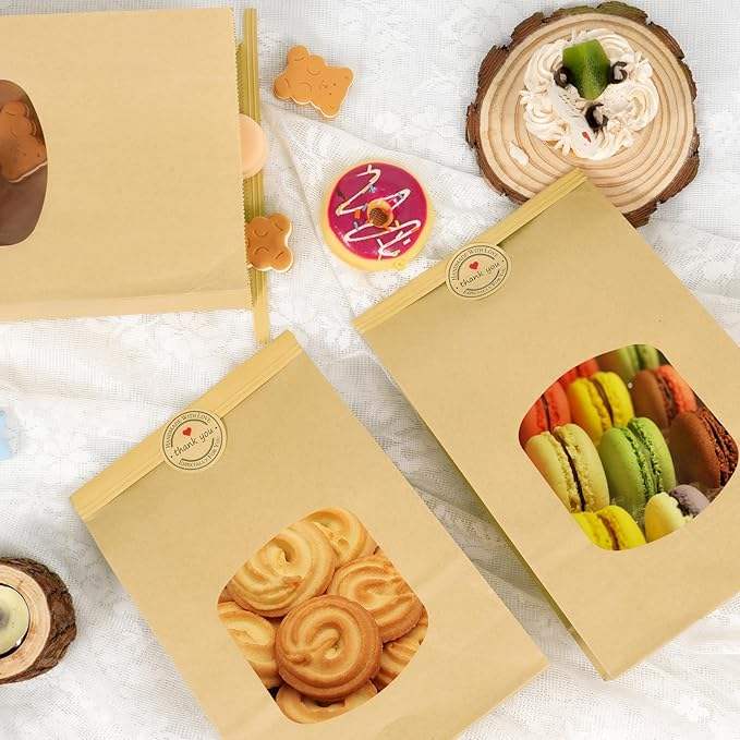 Brown Leather Food Paper Bags for Packaging Cakes and Cookies with Heat-sealed Openings and Label CUSTOM Bread Bags