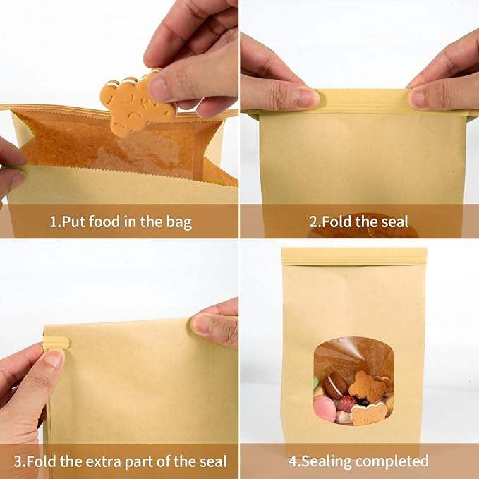 Brown Leather Food Paper Bags for Packaging Cakes and Cookies with Heat-sealed Openings and Label CUSTOM Bread Bags