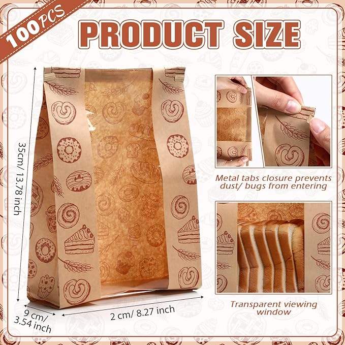 Large Brown Paper Sourdough Bread Storage Bag clear Window Can Close Tin Bag Custom Bread Bags