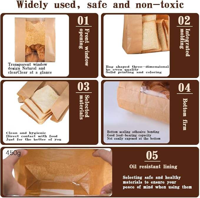 50 Pack Paper Bread Bags for Homemade Bread Sourdough Bakery Bags With Window Custom Bread Bags