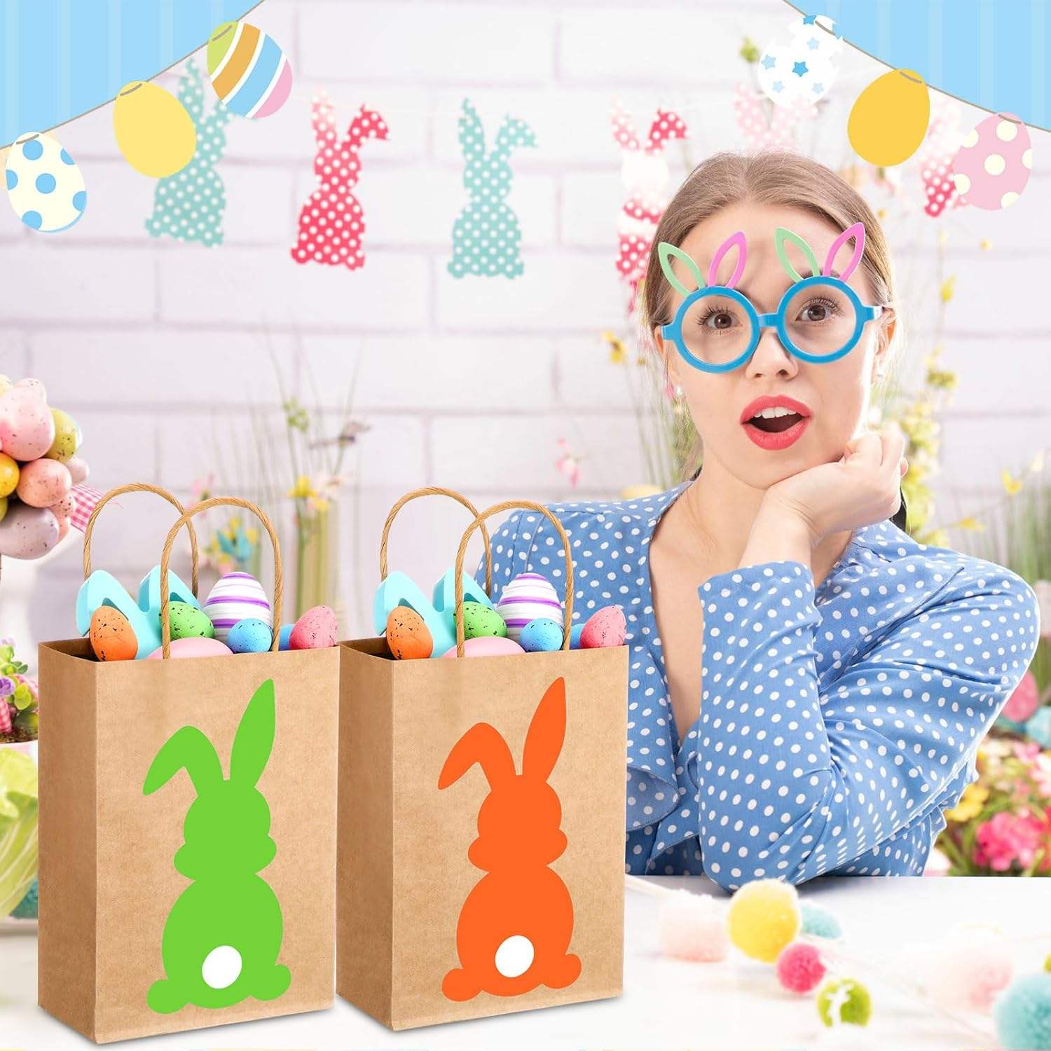 Easter Gift Bags in Bulk-various Kraft Paper Gift Bags with Handles Featuring Rabbit Prints-festive Gift Bags for the Occasion