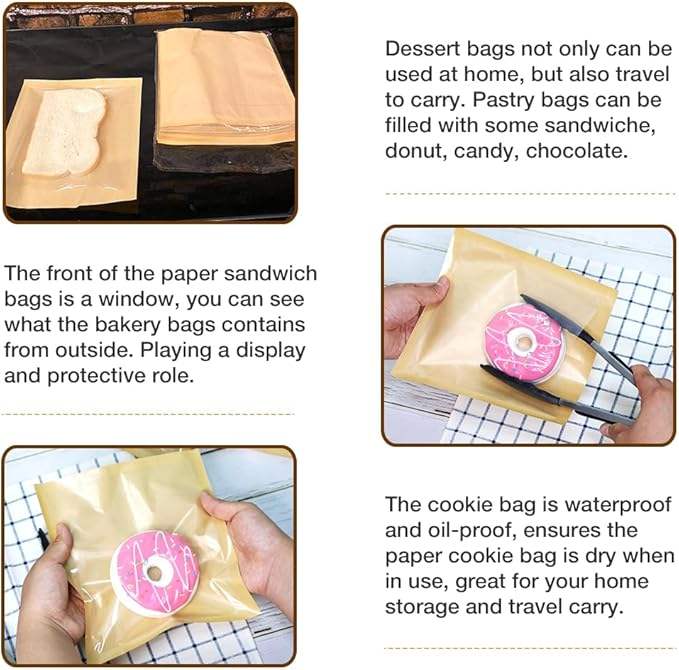 Bread Bag with Window Paper Doughnut Bag for Baked Goods Cookies Snacks Candy Sandwiches Custom Bread Bags