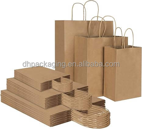 Custom Eco-Friendly Brown Kraft Paper Bags Ribbon Free Sample Food Promotion Christmas Craft Packing Personalized Your Own Logo