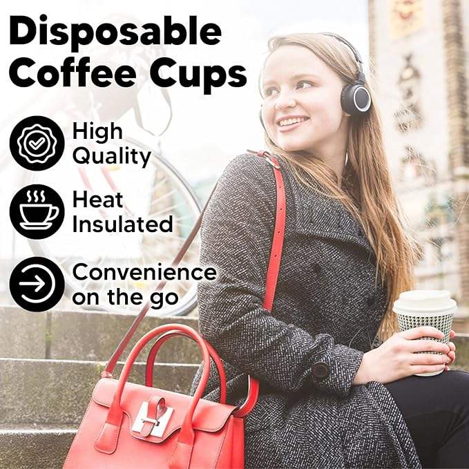 Insulated Disposable Coffee Cup with Lid, Double Wall Corrugated Hot Cup Bulk Cup for Hot or Cold Drinks